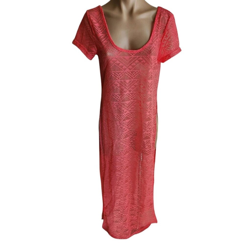 Full Length Long Open Knit Coral Color Bathing Suit Swim Cover Up Size Jrs Large